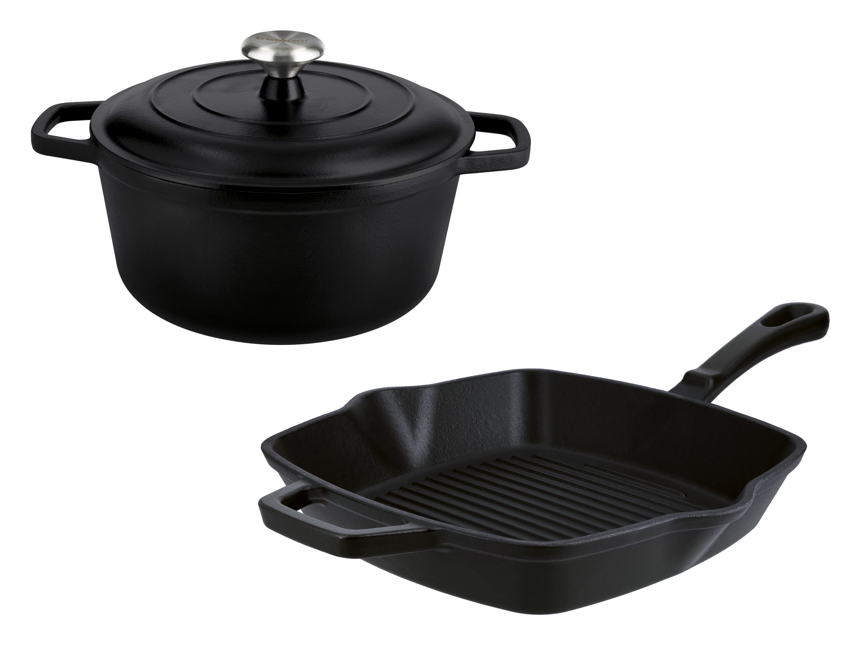 SILVERCREST® Zestaw naczyń żeliwnych: Garnek Ø 21 cm i patelnia grillowa, czarny