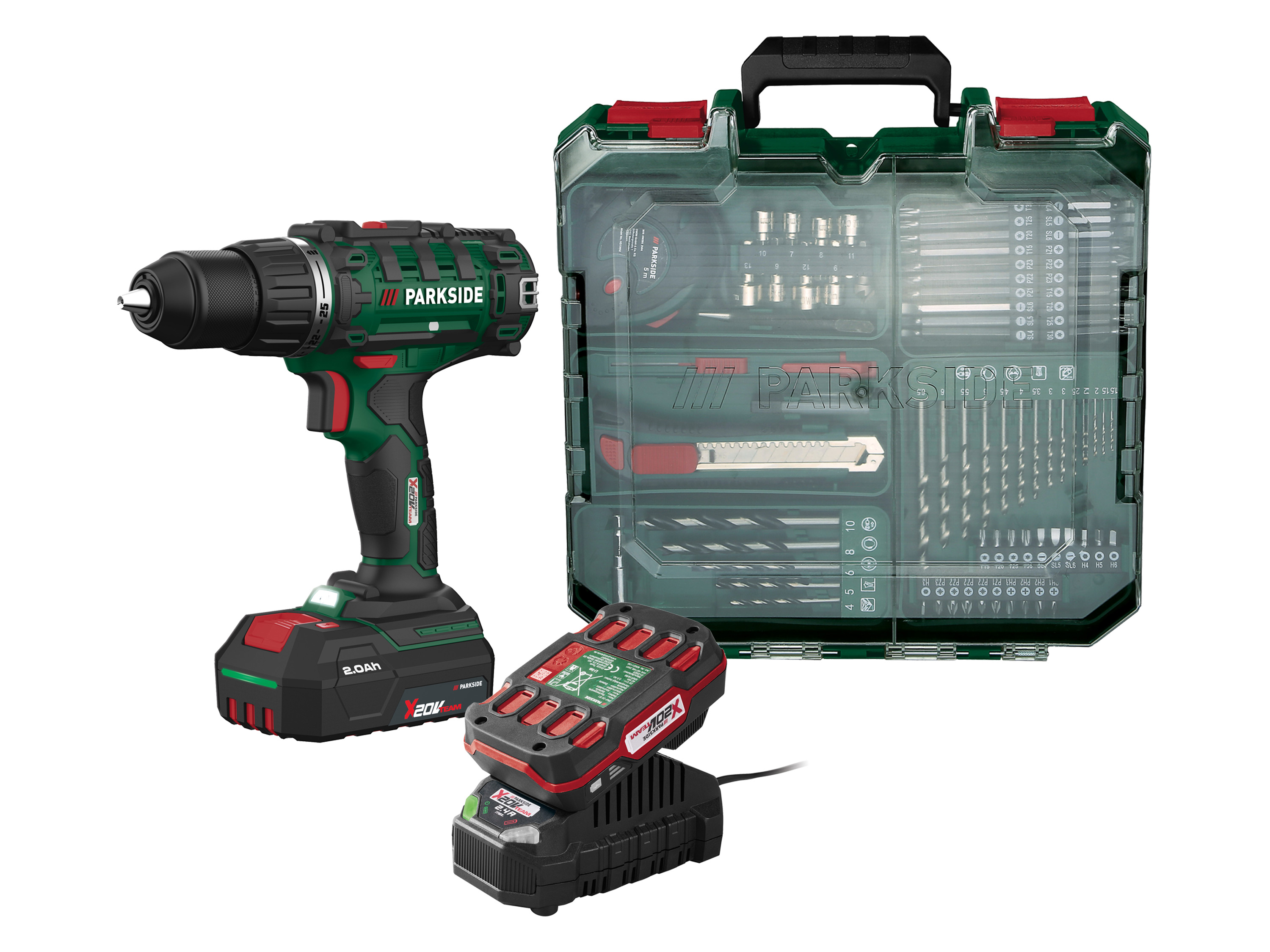 PARKSIDE® Akumulatorowa wiertarko-wkrętarka z akcesoriami, 20 V (z akumulatorem i ładowarką)