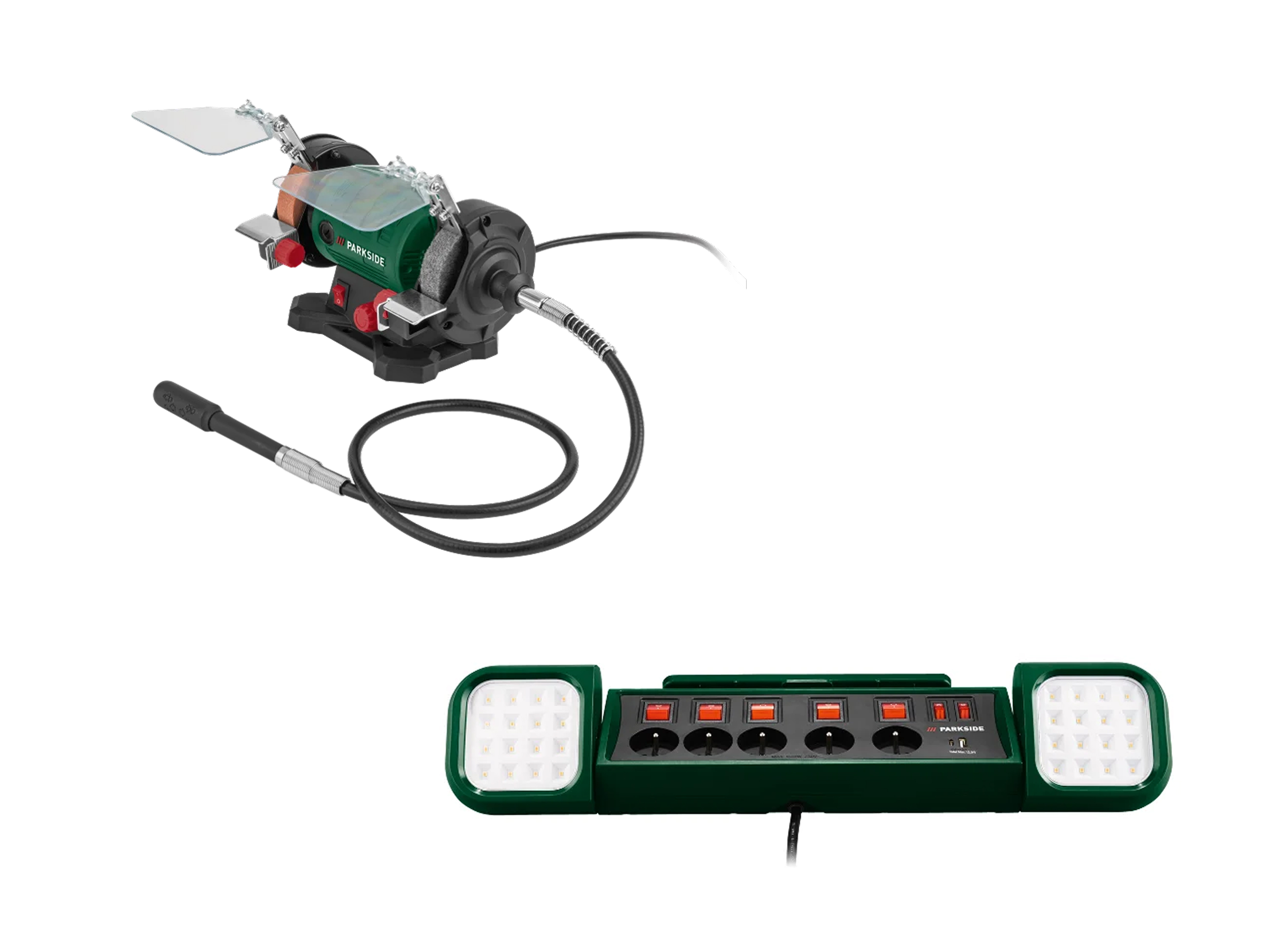 PARKSIDE® Zestaw warsztatowy: szlifierka podwójna z akcesoriami i lampa LED z listwą zasilającą