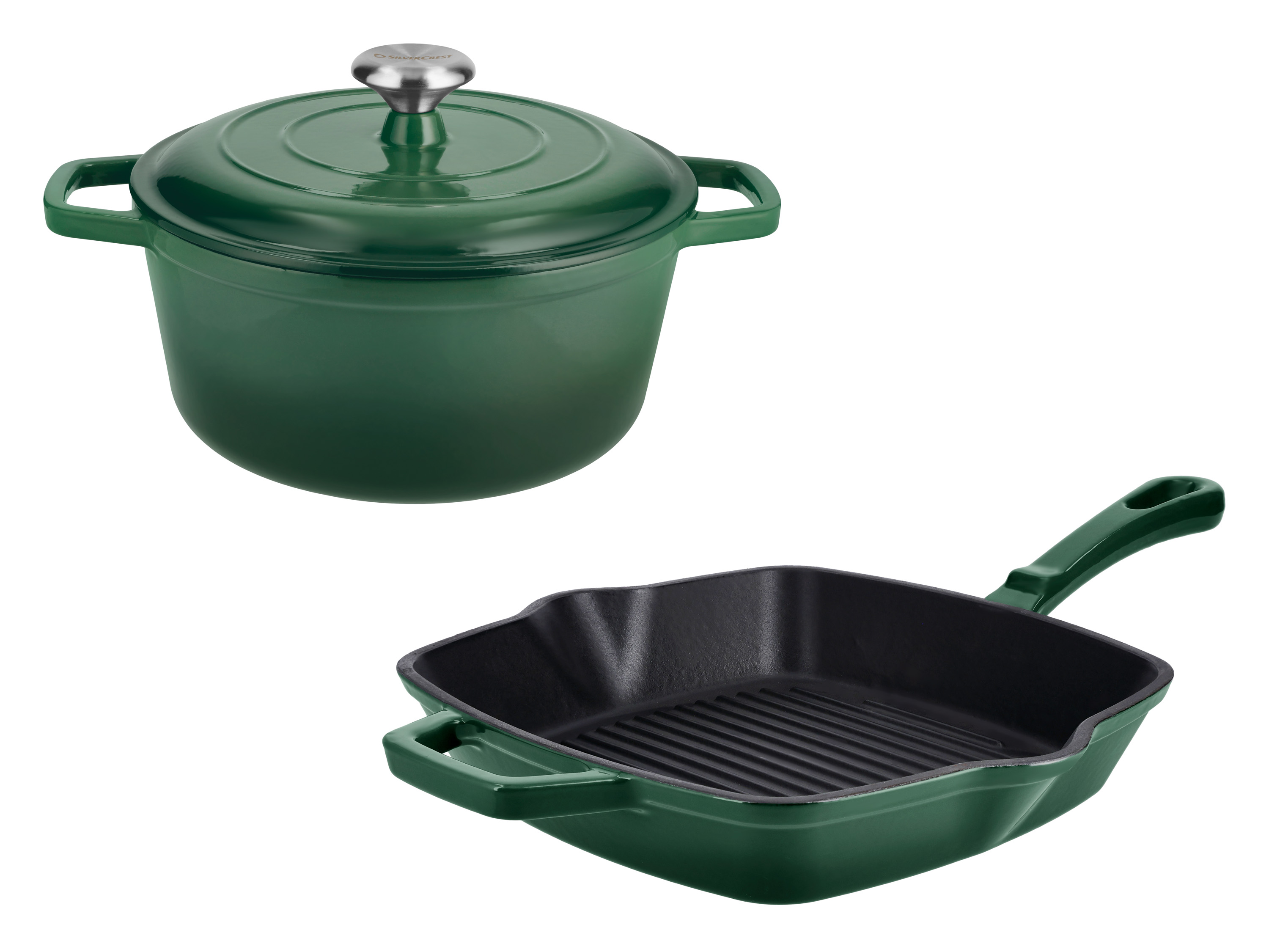 SILVERCREST® Zestaw naczyń żeliwnych: Garnek Ø 25 cm i patelnia grillowa, zielony