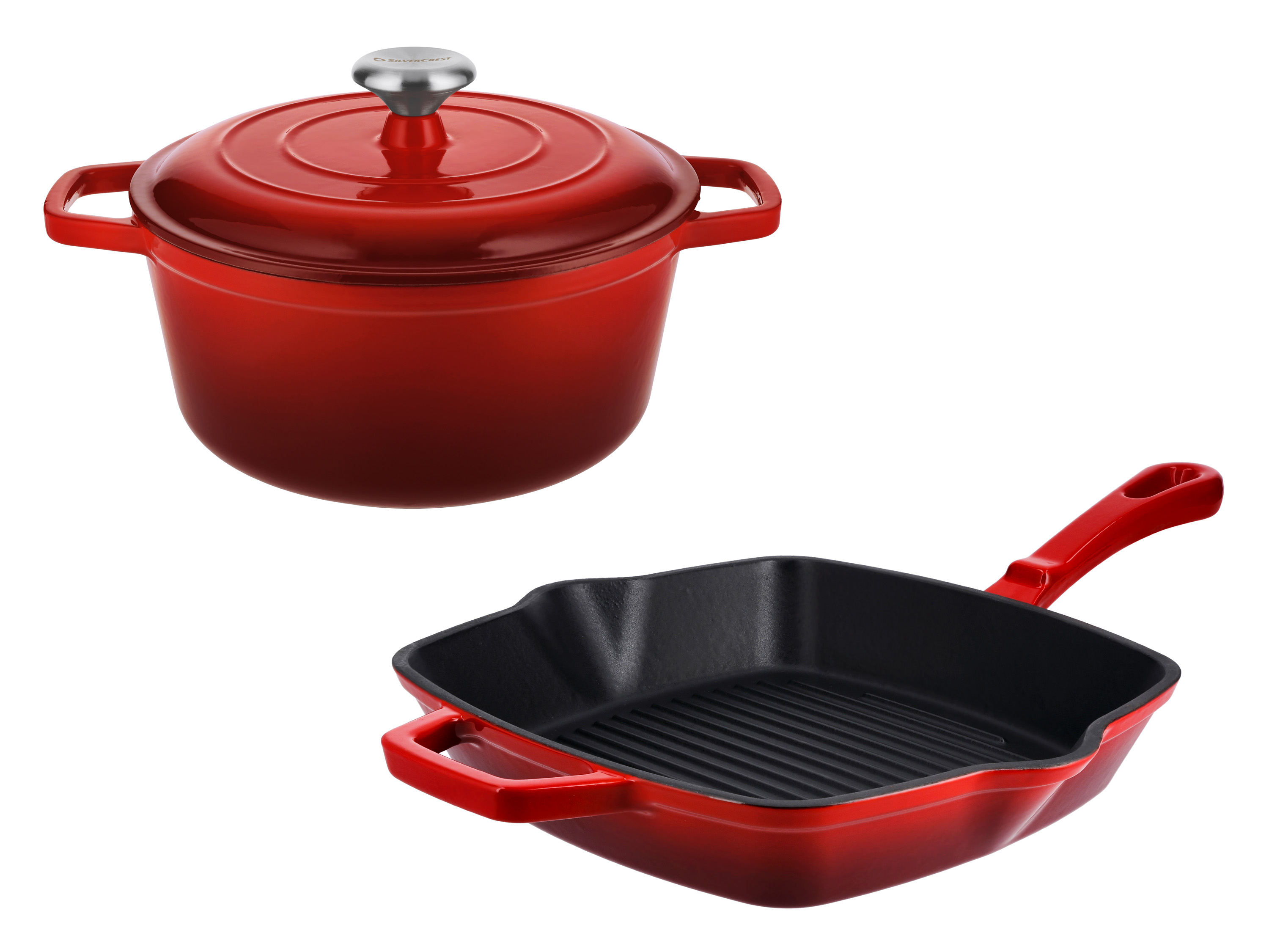SILVERCREST® Zestaw naczyń żeliwnych: Garnek Ø 25 cm i patelnia grillowa, czerwony