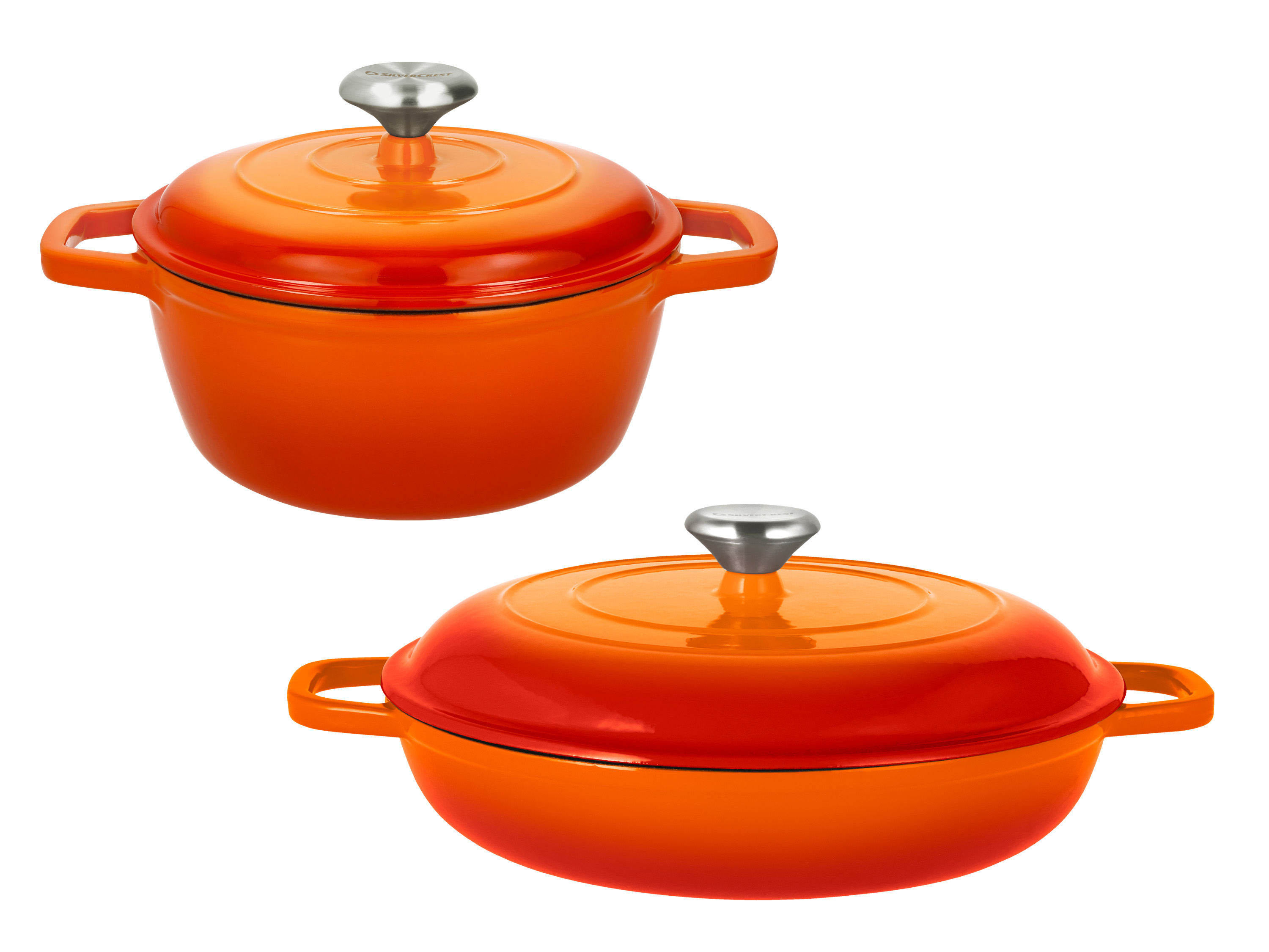 SILVERCREST® Zestaw naczyń żeliwnych: Garnek Ø 21 cm i Brytfanna do serwowania Ø 30 cm, pomarańczowy