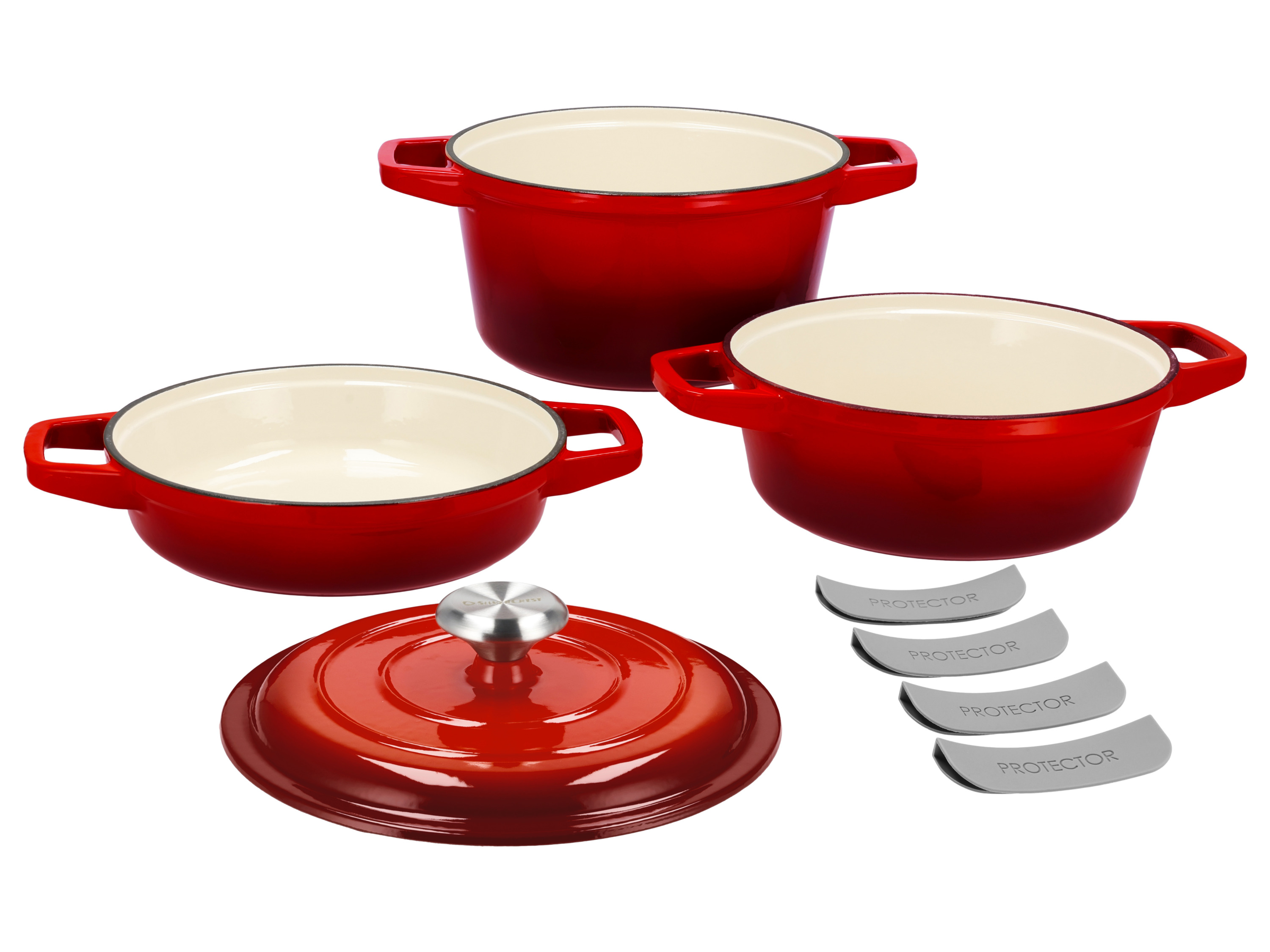SILVERCREST® Zestaw 3 garnków żeliwnych Premium, Ø 23 cm (1,9 l / 2,9 l / 4,2 l) (Czerwony)