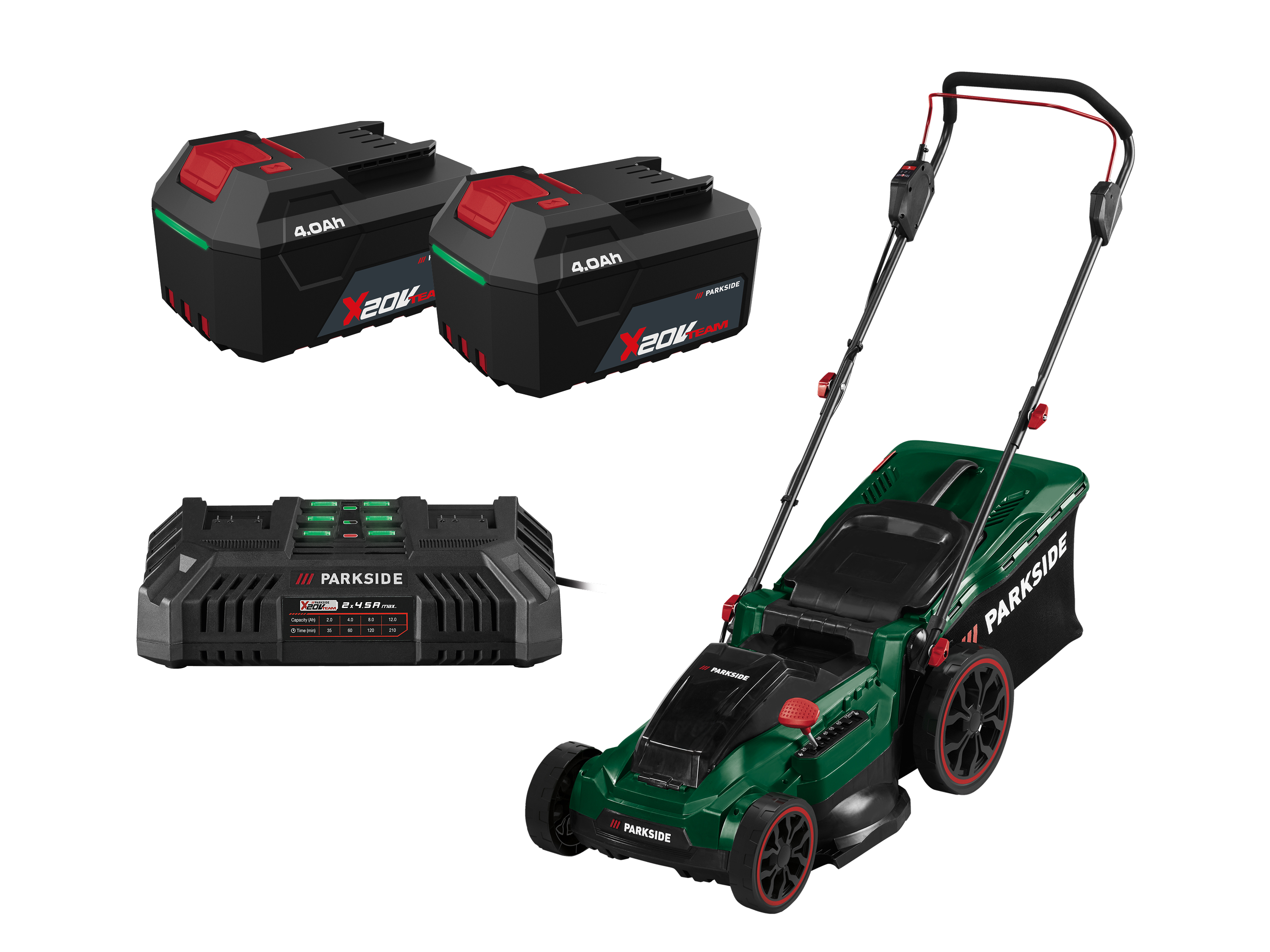 PARKSIDE® Zestaw Kosiarka akumulatorowa, 40 V z 2 akumulatorami, 4 Ah i podwójną ładowarką, 2 x 4,5 A