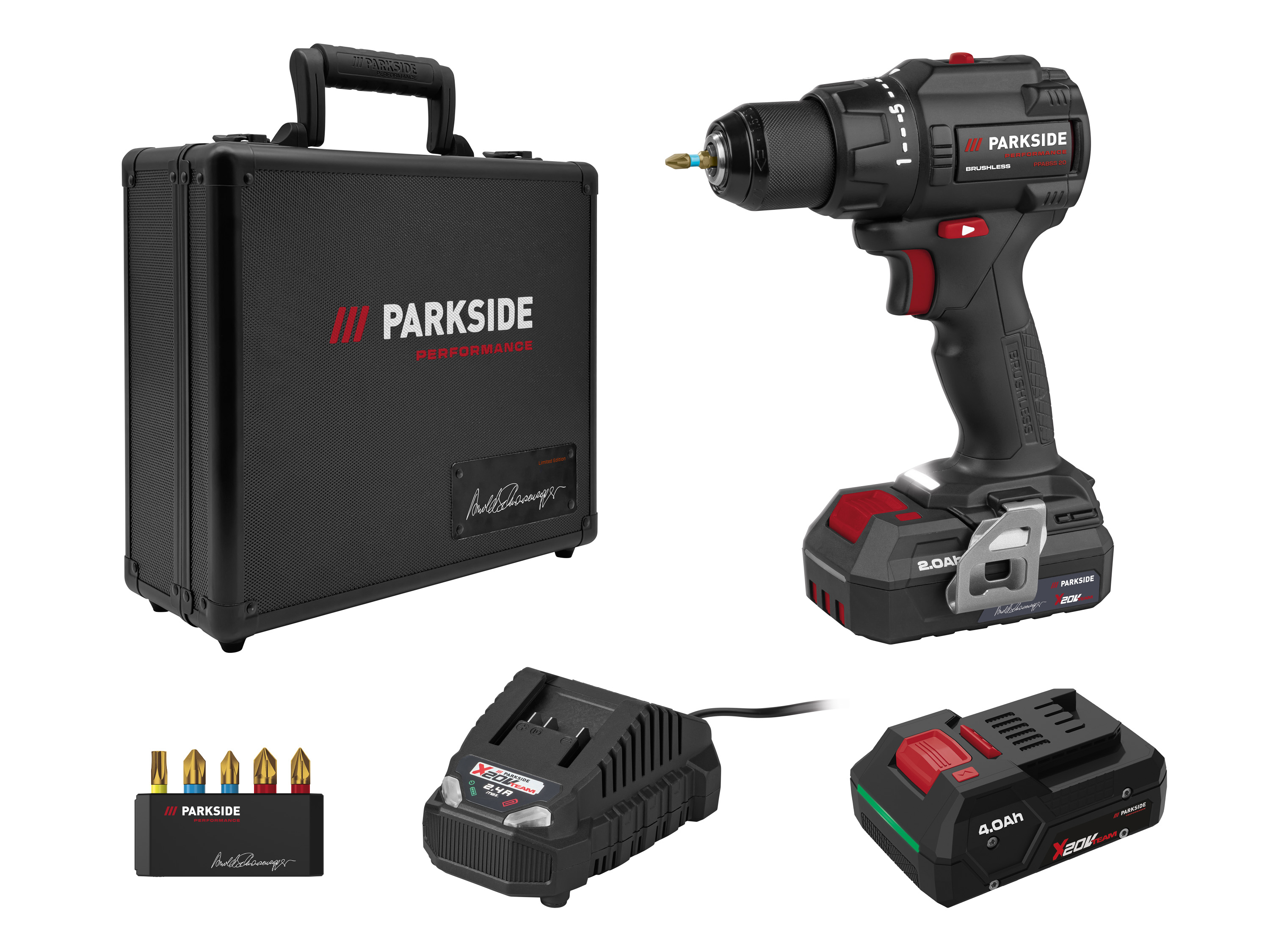 PARKSIDE PERFORMANCE® Zestaw Parkside: Wiertarkowkrętarka 20 V z podpisem Arnolda Schwarzeneggera z dodatkowym akumulatorem 4 Ah