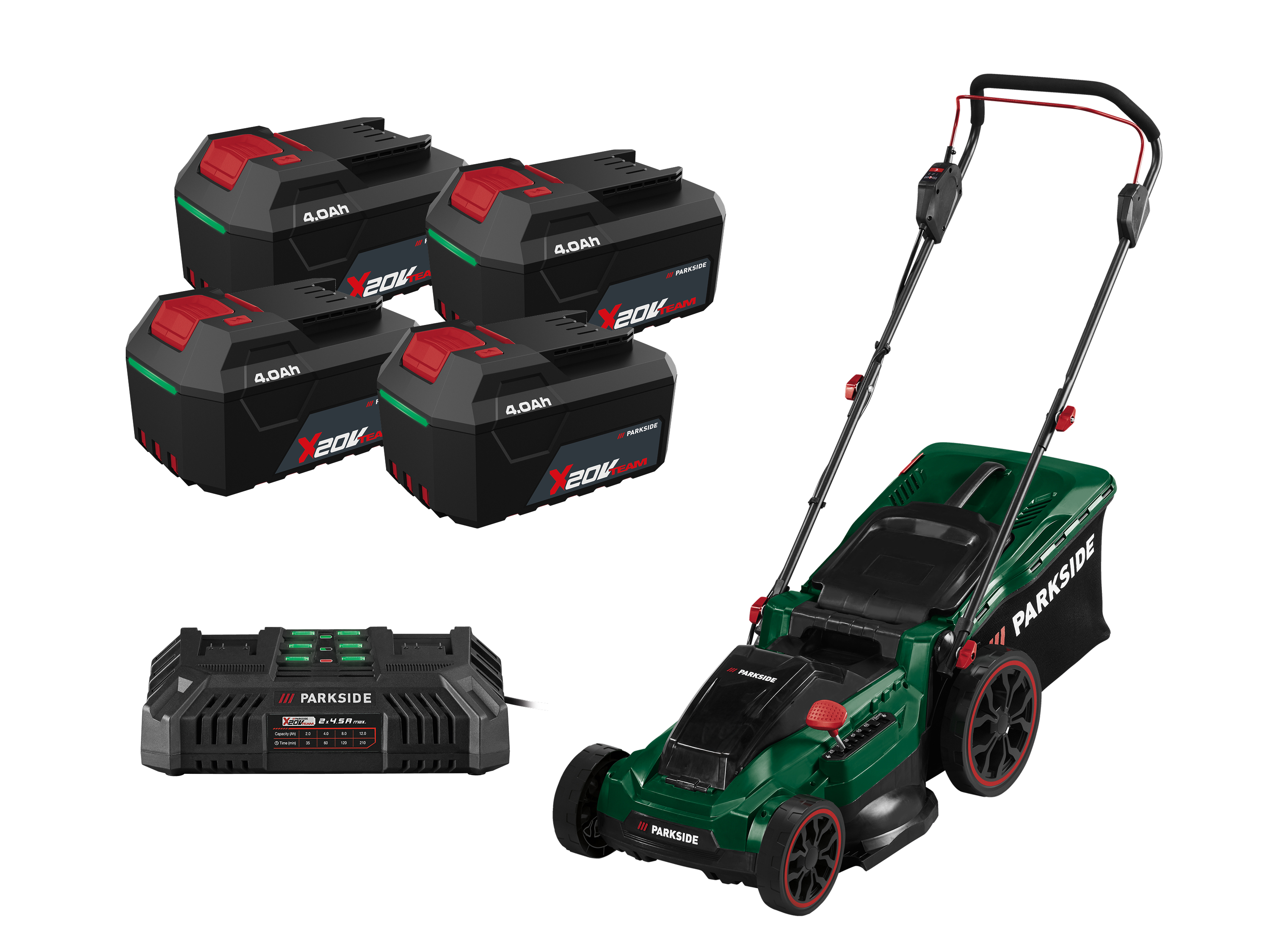 PARKSIDE® Zestaw: Kosiarka 40 V z 4 akumulatorami 20V, 4 Ah i podwójną ładowarką, 2 x 4,5 A